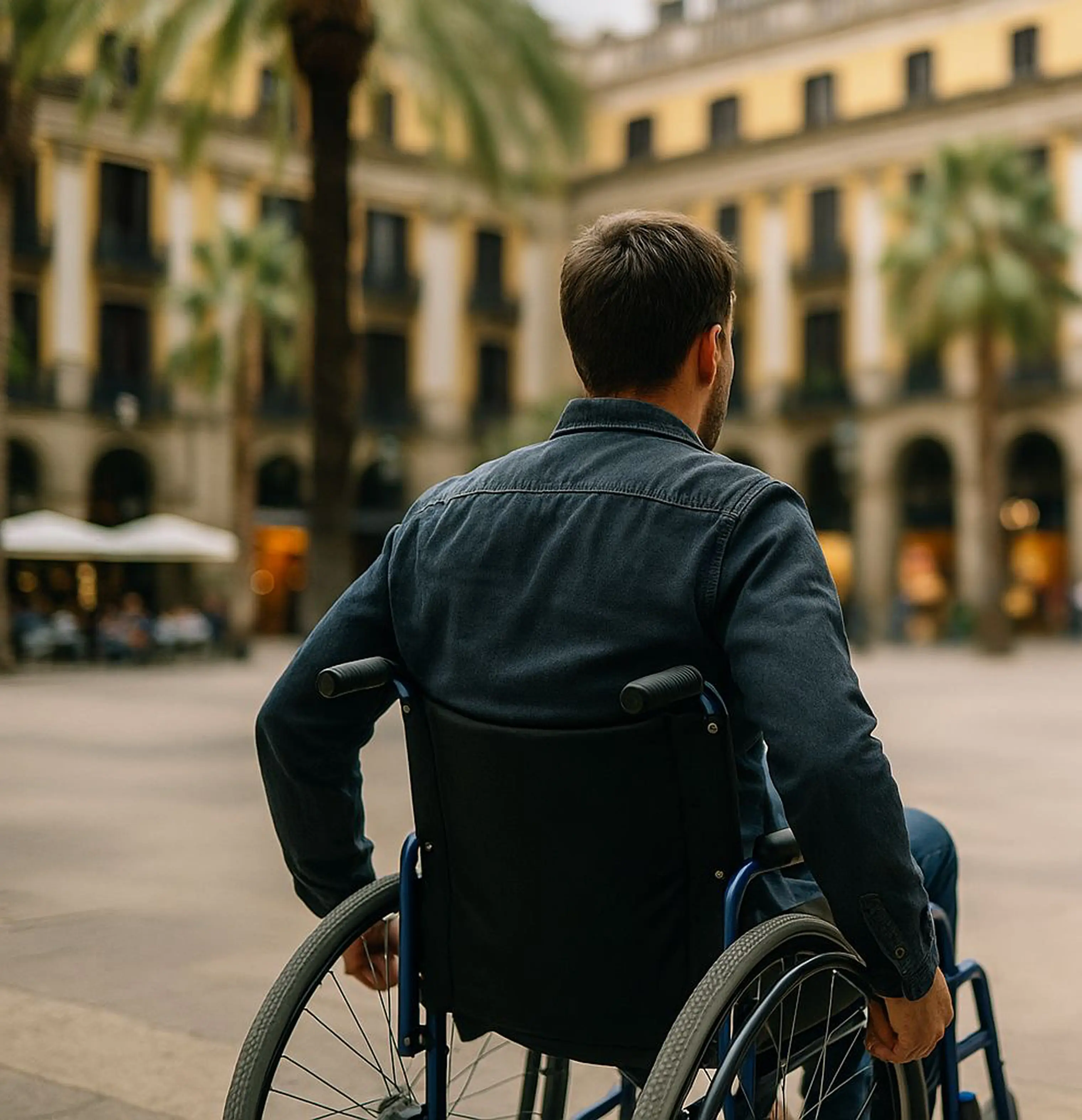 Personas en silla de ruedas en el centro de una ciudad