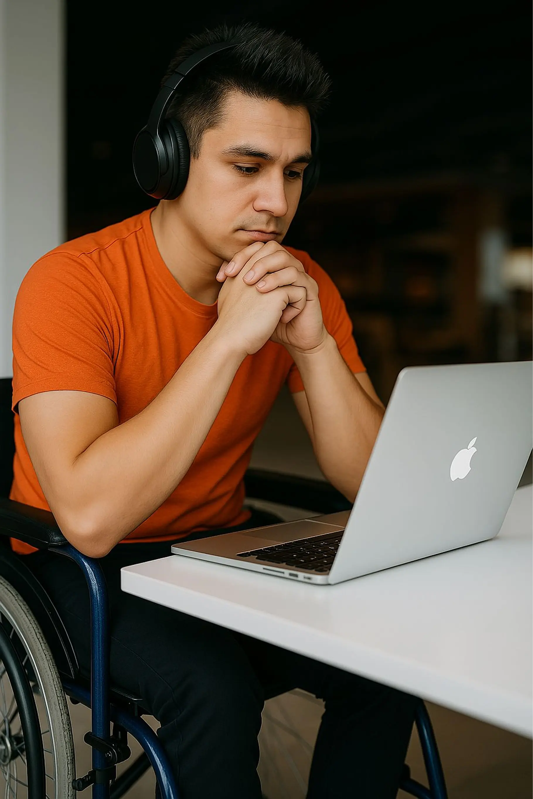 Un uomo in sedia a rotelle che lavora al computer